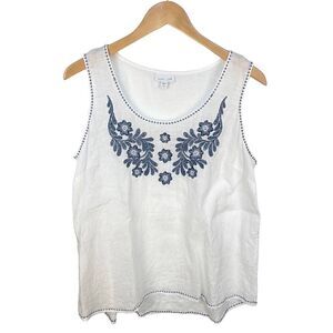 J. Jill Love Linen Sleeveless Embroidered Top Blouse White Blue Floral size Lp